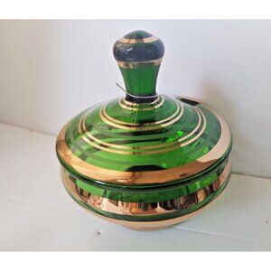 Czech bohemia Emerald Green Glass candy dish with 22k gold ribbing 5" Tall